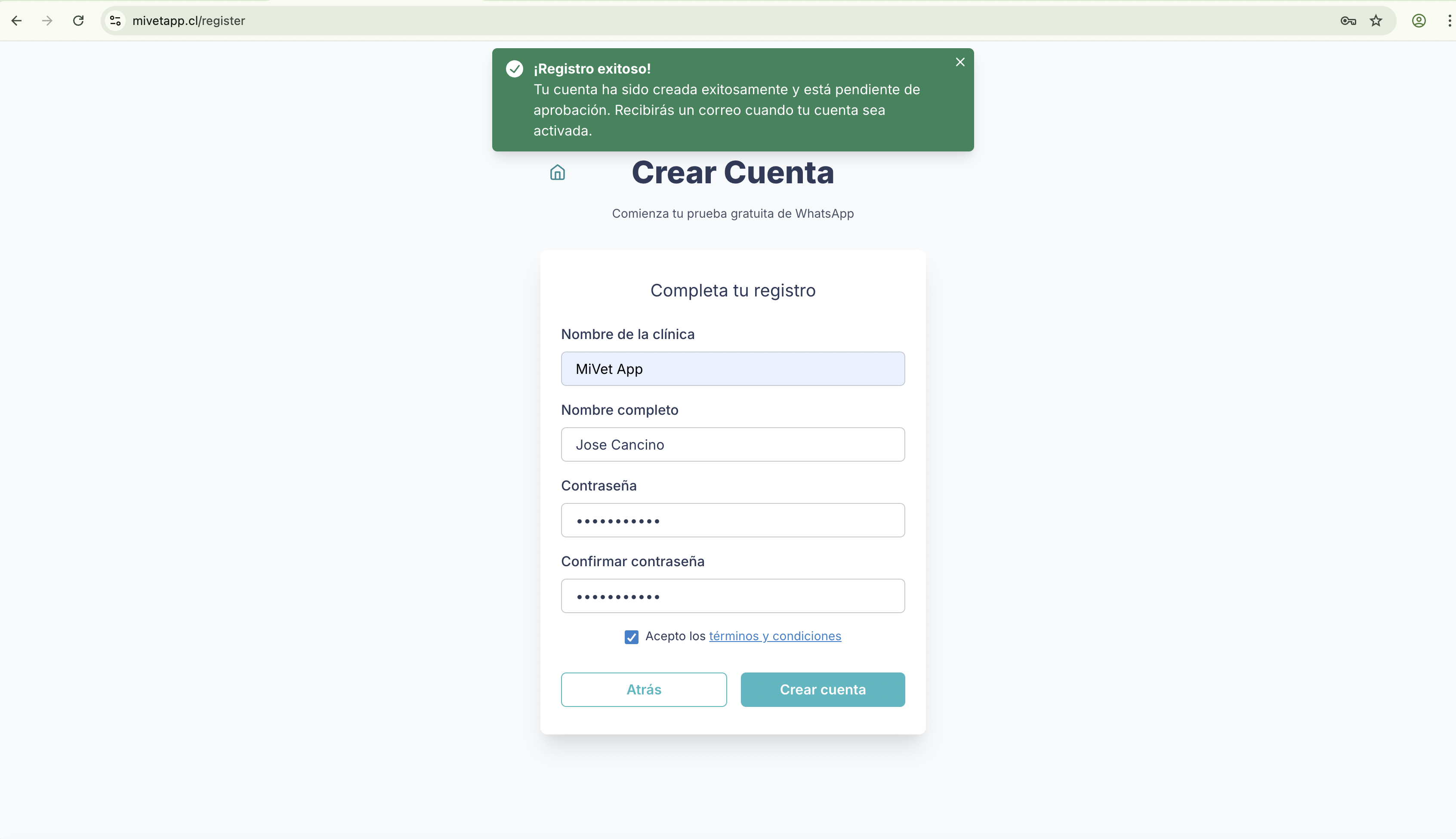 Mensaje de Registro Exitoso