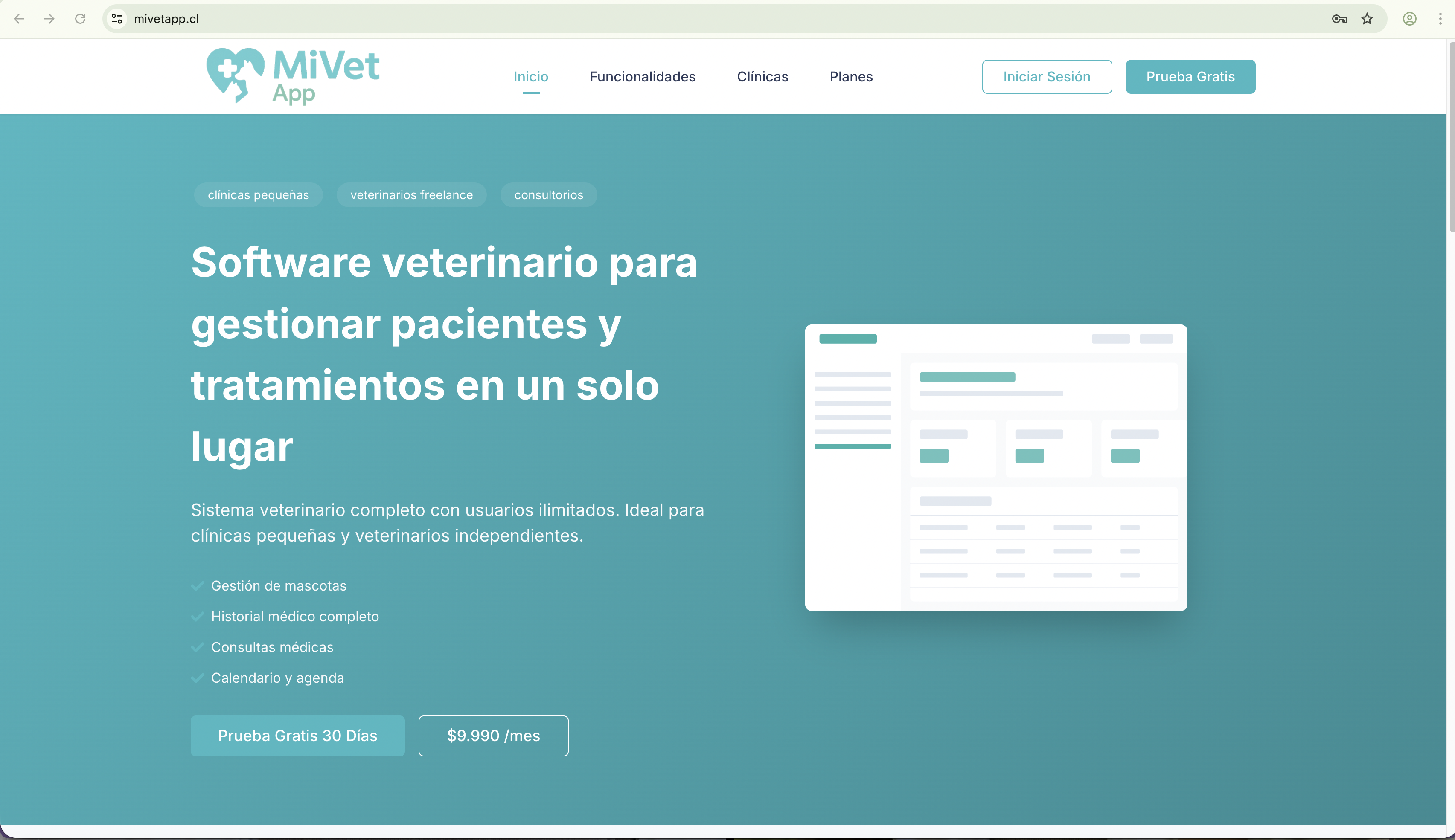 Página principal de MiVetApp con opción Iniciar Sesión