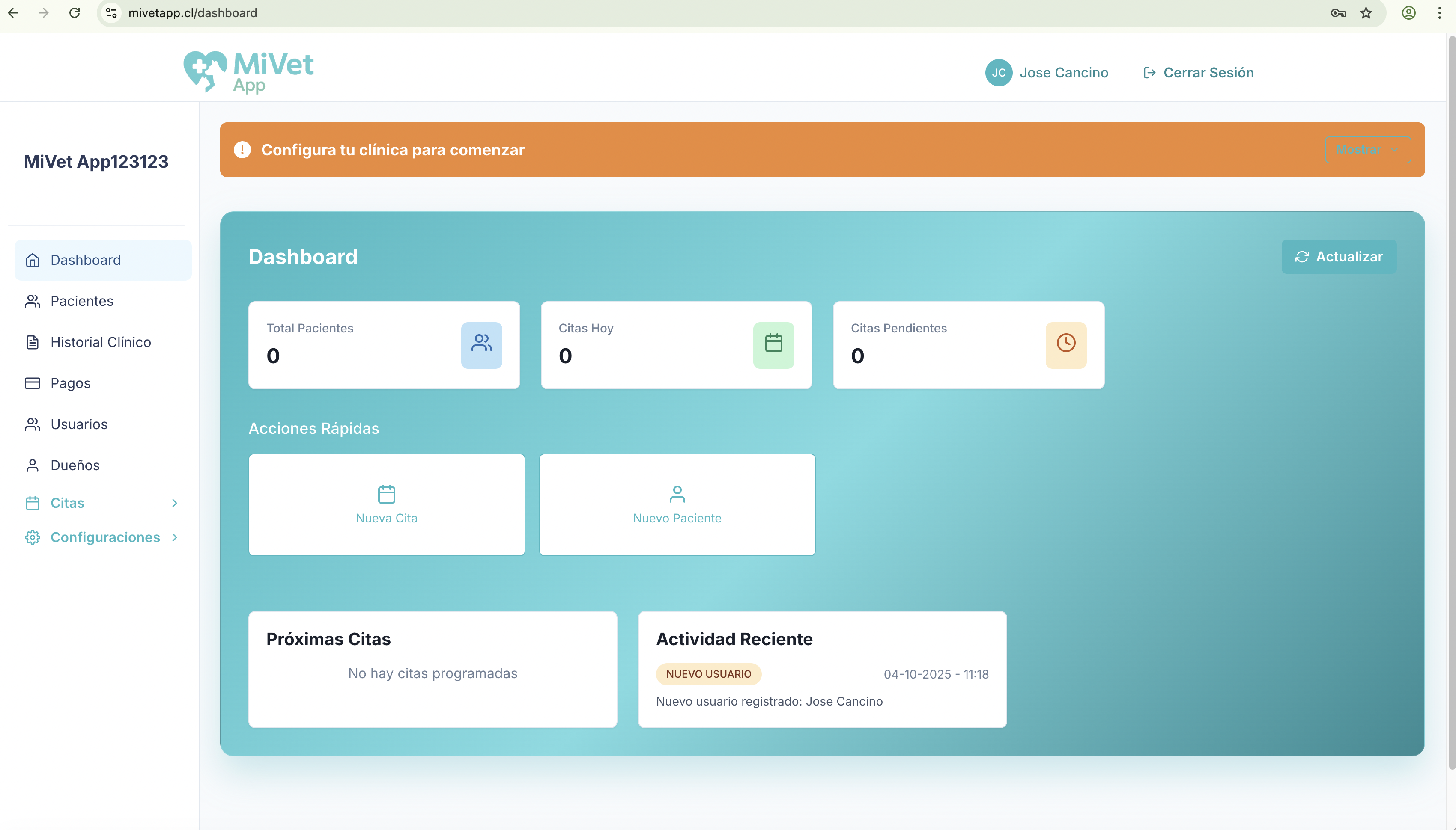 Vista del Dashboard después de iniciar sesión